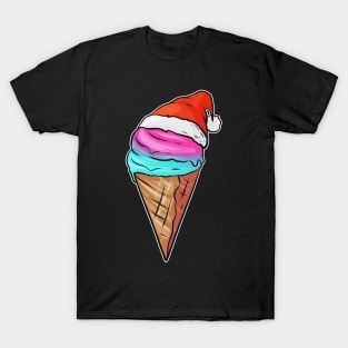 Ice Cream Cone With Ice Cream And Santas Hat For Christmas. T-Shirt